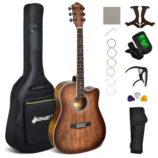 41 Inch Full Size Cutaway Acoustic Guitar Set for Beginner-Coffee