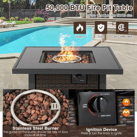 32 Inch Square Propane Fire Pit Table with Lava Rocks Cover-Brown
