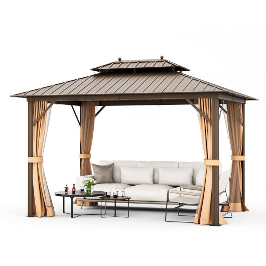 10x13ft Double-Roof Patio Hardtop Gazebo with Galvanized Steel Roof Netting and Curtains-Coffee