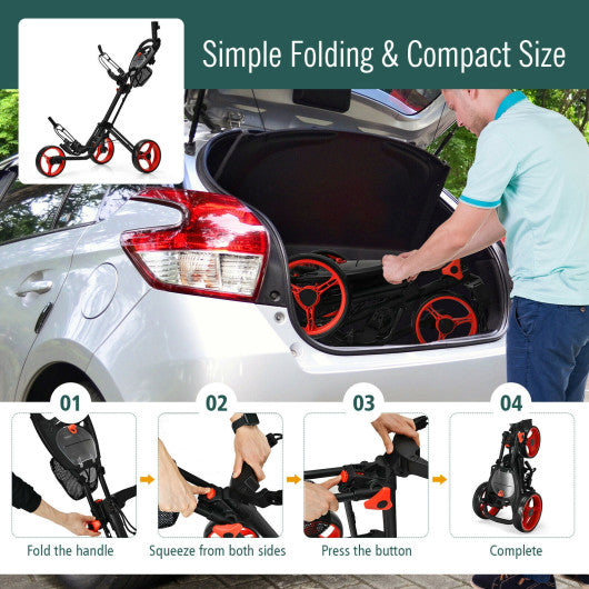 Folding 3 Wheels Golf Push Cart with Brake Scoreboard Adjustable Handle-Red