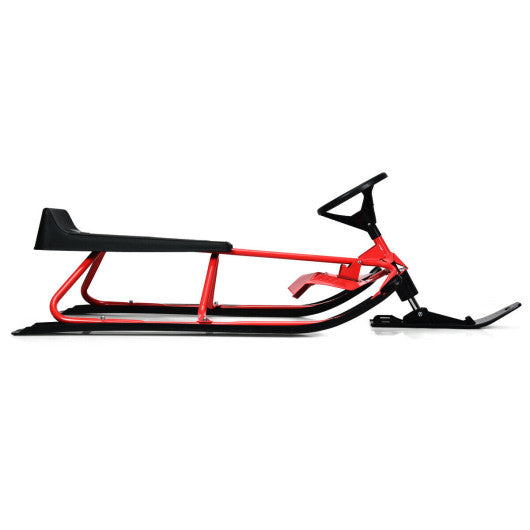55.5 x 23.5 Inch Snow Sled with Steering Wheel and Double Brakes Pull Rope Slider