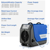 180 PPD Commercial Dehumidifier with Pump Drain Hose and Wheels-Blue