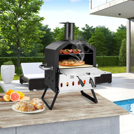 Outdoor Pizza Oven with Anti-scalding Handles and Foldable Legs-Black