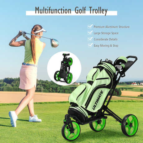 Folding Golf Push Cart with Scoreboard Adjustable Handle Swivel Wheel-Green
