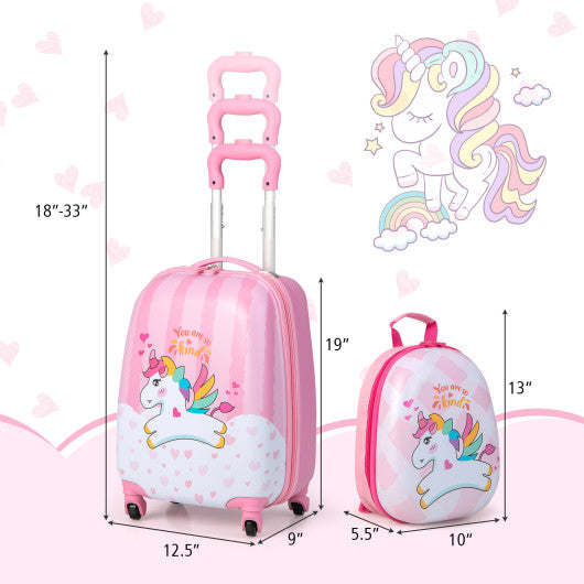 2 Pieces 12 Inch 16 Inch Kids Luggage Set with Backpack and Suitcase for Travel-Lovely Unicorn