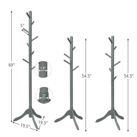 Adjustable Wooden Tree Coat Rack with 8 Hooks-Gray