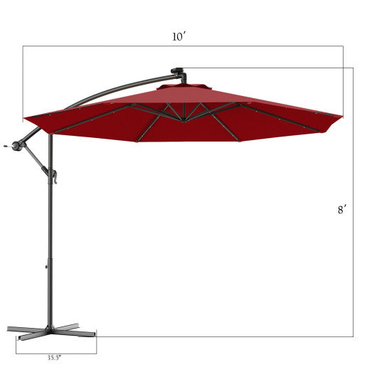 10 Feet Patio Hanging Solar LED Umbrella Sun Shade with Cross Base-Dark Red