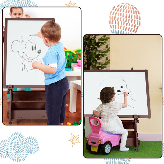 Multifunctional Kids' Standing Art Easel with Dry-Erase Board -Coffee