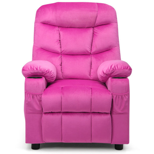 Kids PU Leather/Velvet Fabric Kids Recliner Chair with Cup Holders-Pink