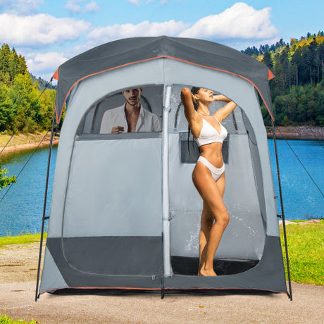 2 Rooms Oversize Privacy Shower Tent with Removable Rain Fly and Inside Pocket-Gray