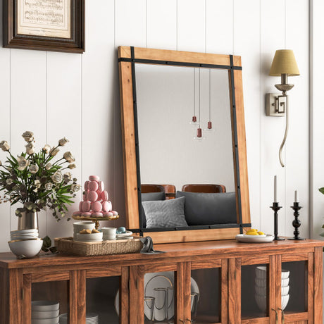 30 x 40 Inch Wall Mounted Mirror with Fir Wood Frame-Natural