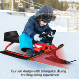 Kids Snow Sled with Steering Wheel and Double Brakes Pull Rope-Red