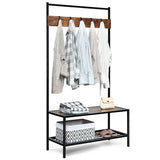 3-in-1 Industrial Coat Rack with 2-tier Storage Bench and 5 Hooks-Brown
