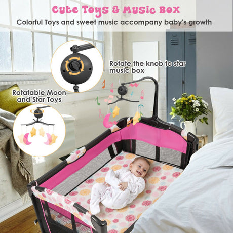 3-in-1 Convertible Portable Baby Playard with Music Box and Wheel and Brakes-Pink