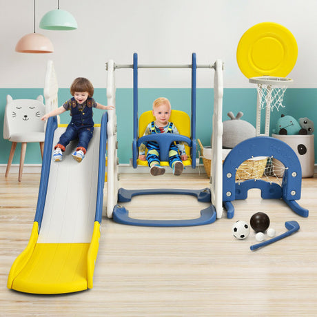 6-in-1 Slide and Swing Set with Ball Games for Toddlers-Blue