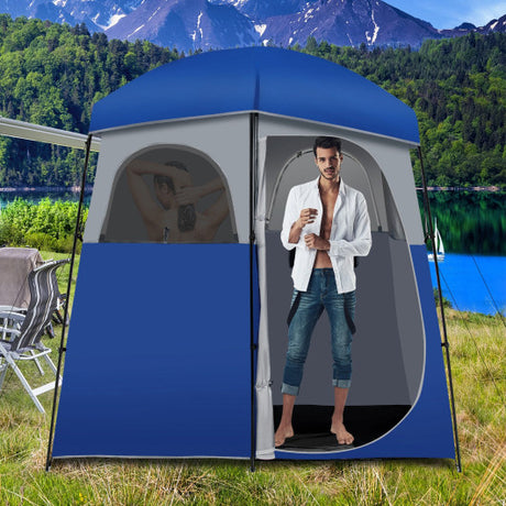 Double-Room Camping Toilet Tent with Floor and Portable Storage Bag-Blue