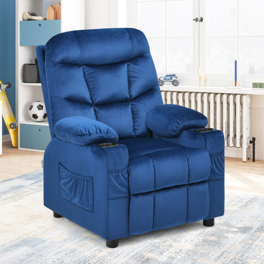 Kids PU Leather/Velvet Fabric Kids Recliner Chair with Cup Holders-Light Blue