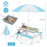 3-in-1 Kids Outdoor Picnic Water Sand Table with Umbrella Play Boxes-Blue