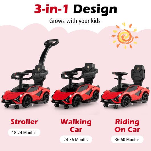 3 in 1 Licensed Lamborghini Ride Walking Toy Stroller-Red