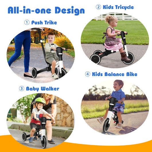 4-in-1 Kids Tricycle with Adjustable Parent Push Handle and Detachable Pedals-White
