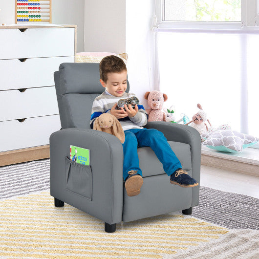 Ergonomic PU Leather Kids Recliner Lounge Sofa for 3-12 Age Group-Gray