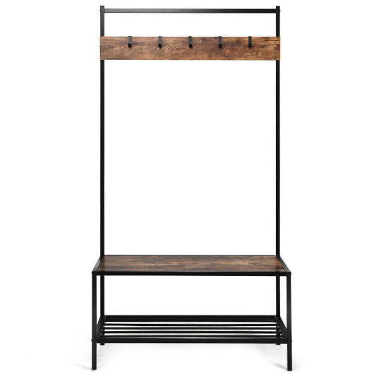 3-in-1 Industrial Coat Rack with 2-tier Storage Bench and 5 Hooks-Brown