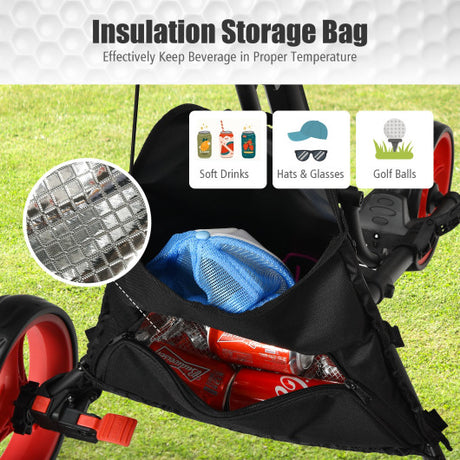 Folding 3 Wheels Golf Push Cart with Bag Scoreboard Adjustable Handle-Red