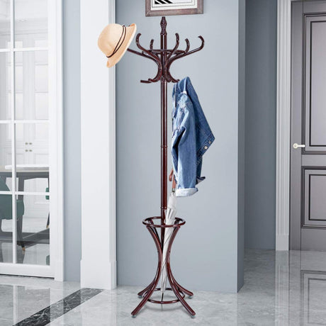 Wood Standing Hat Coat Rack with Umbrella Stand-Brown