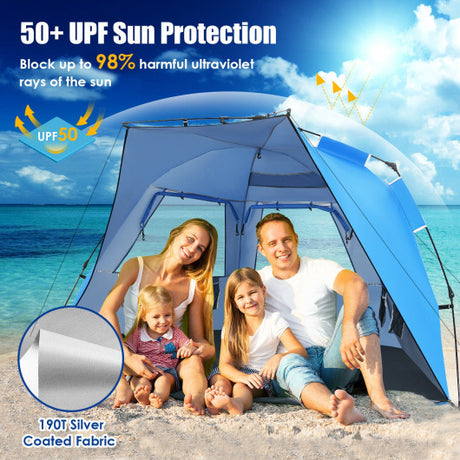 3-4 Person Easy Pop Up Beach Tent UPF 50+ Portable Sun Shelter-Blue