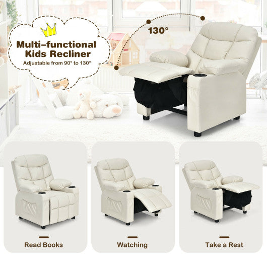 PU Leather Kids Recliner Chair with Cup Holders and Side Pockets-Beige
