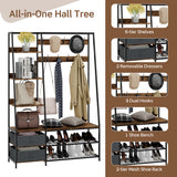 6-in-1 Freestanding Hall Tree Coat Rack with Bench and Fabric Dressers-Rustic Brown