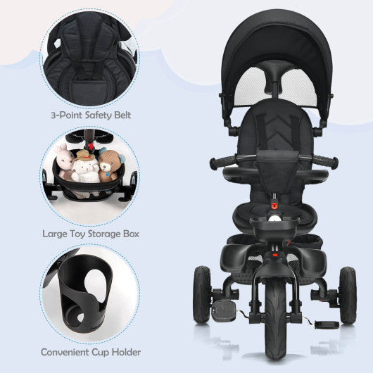 6-in-1 Detachable Kids Baby Stroller Tricycle with Canopy and Safety Harness-Black