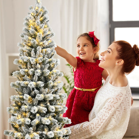 8 Feet Pre-Lit Hinged Snow Flocked Christmas Tree with Remote Control