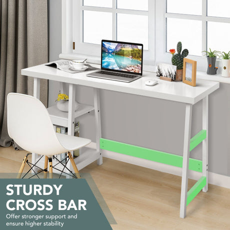 Wooden Trestle Computer Desk with 2-Tier Removable Shelves-White