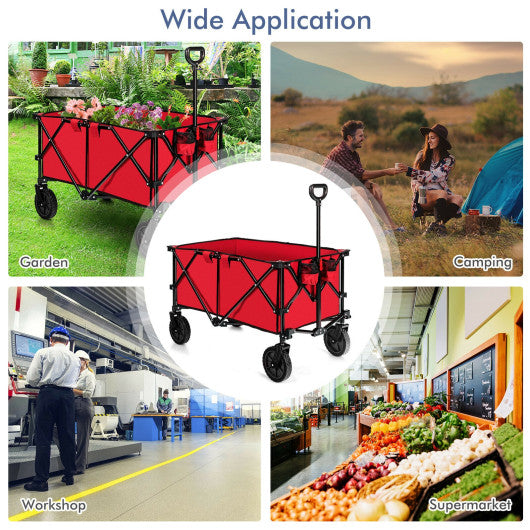 Outdoor Folding Wagon Cart with Adjustable Handle and Universal Wheels-Red
