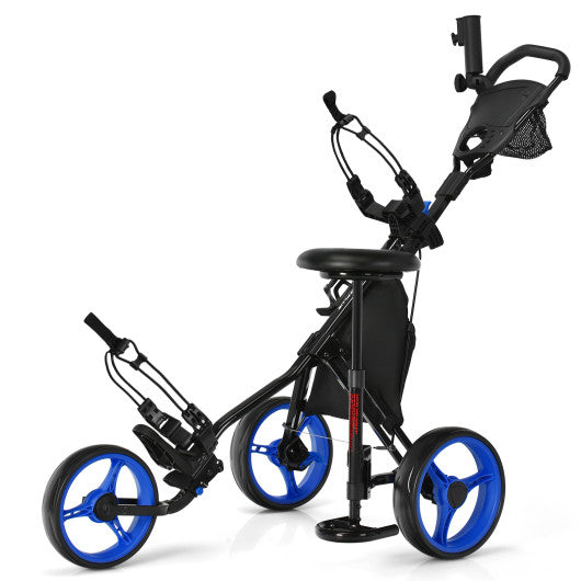 3 Wheels Folding Golf Push Cart with Seat Scoreboard and Adjustable Handle-Blue
