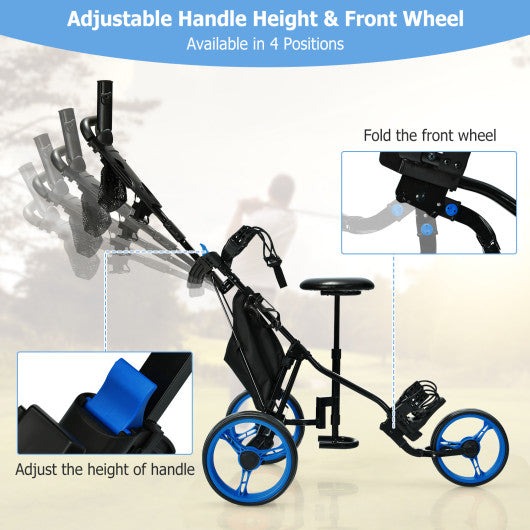 3 Wheels Folding Golf Push Cart with Seat Scoreboard and Adjustable Handle-Blue