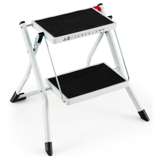 Folding 2 Step Ladder wiht Anti-Slip Pedal and Large Foot Pads-Black & White