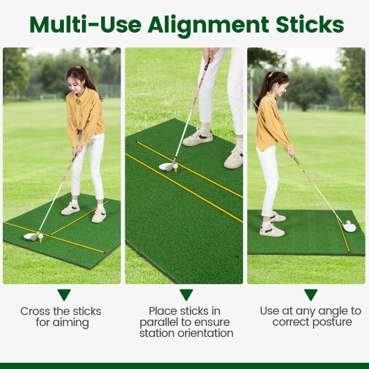 Artificial Turf Mat for Indoor and Outdoor Golf Practice Includes 2 Rubber Tees and 2 Alignment Sticks-32mm