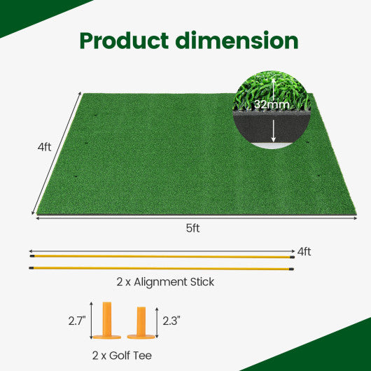 Artificial Turf Mat for Indoor and Outdoor Golf Practice Includes 2 Rubber Tees and 2 Alignment Sticks-32mm