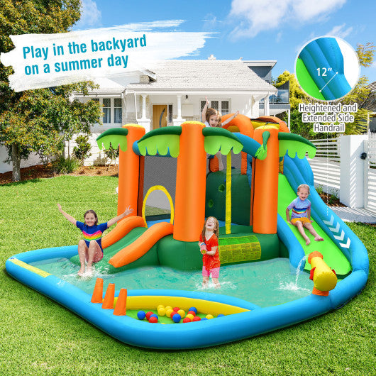 7-in-1 Inflatable Water Slide Park with Trampoline Climbing and 750W Blower