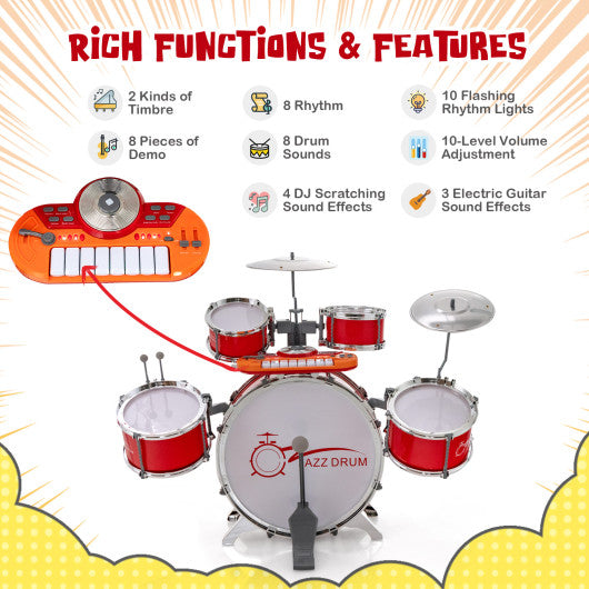 Kids Jazz Drum Keyboard Set with Stool and Microphone Stand-Red