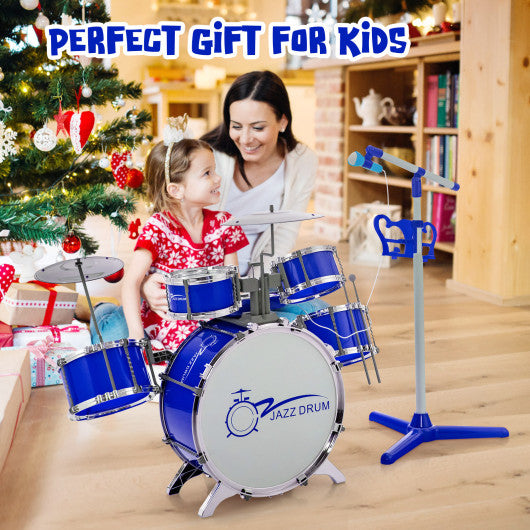 Kids Jazz Drum Keyboard Set with Stool and Microphone Stand-Blue