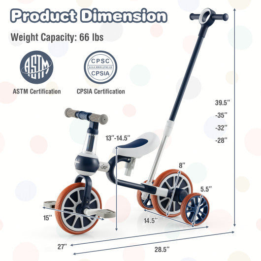 4-in-1 Kids Trike Bike with Adjustable Parent Push Handle and Seat Height-Navy