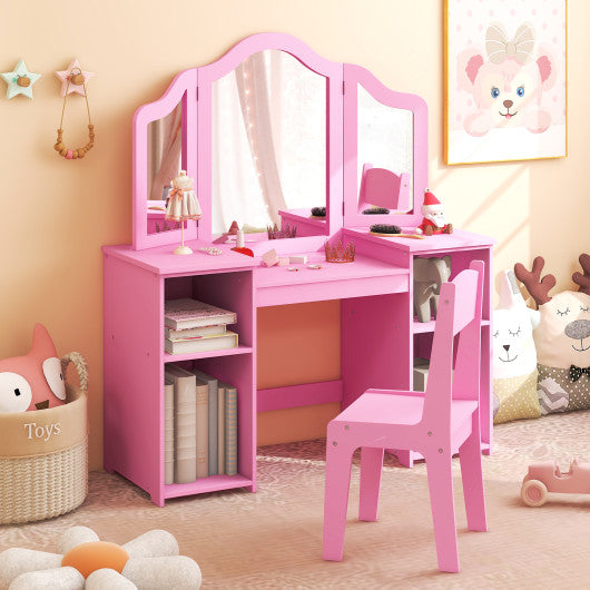Kids Vanity Table Chair with Removable Tri-Folding Mirror-Pink – Corner