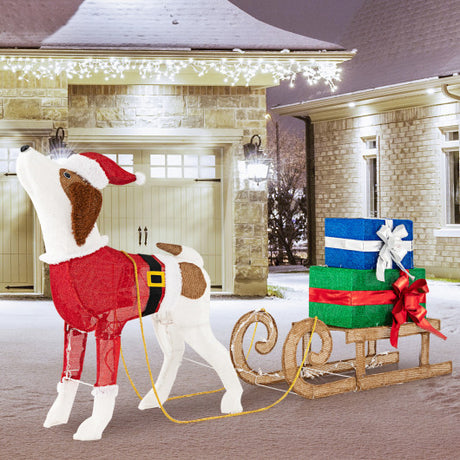 Outdoor Pre-lit Xmas Dog and Sleigh with 170 Warm Bright Lights for Porch