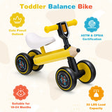 Baby Balance Bike with 4 Silent EVA Wheels and Limited Steering Wheels-Yellow