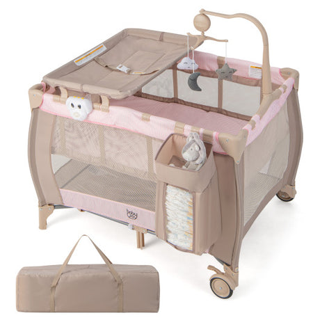 Portable Baby Playard with Changing Table Bassinet and Music Box-Pink