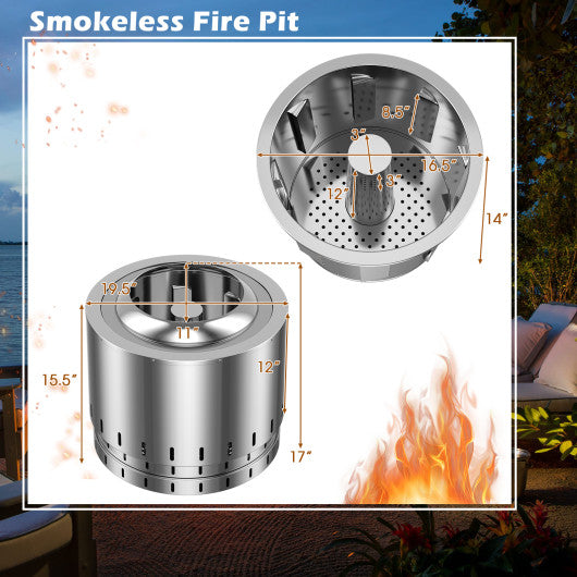 Smokeless Stainless Steel Fire Pit with Ash Pan for Yard Camping-Silver
