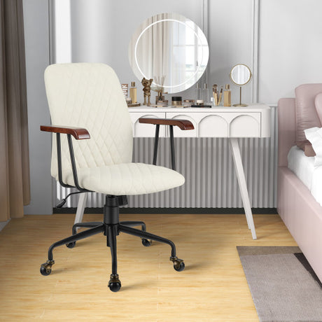 Velvet Home Office Chair with Wooden Armrest-Beige